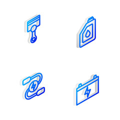 Set Isometric line Canister for motor oil, Engine piston, Car battery jumper power cable and icon. Vector