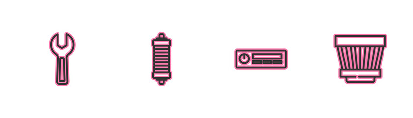 Set line Wrench spanner, Car Audio, Shock absorber and air filter icon. Vector