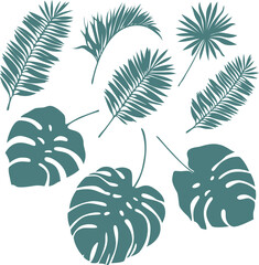 Vector flat design set : dark blue silhouettes of big tropical leaves, Palm. Minimalism. Isolated on white elements for illustration, card, logo, invitation, flyer