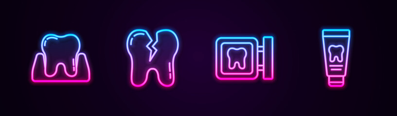 Set line Tooth, Broken tooth, Dental clinic location and Tube of toothpaste. Glowing neon icon. Vector