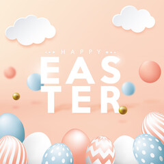 Happy easter greeting background with pastel eggs.