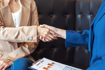 Teamwork executives colleagues business people handshake after meeting.