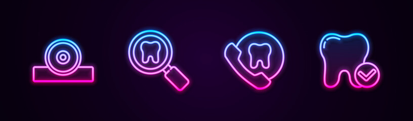 Set line Otolaryngological head reflector, Dental search, Online dental care and Tooth whitening concept. Glowing neon icon. Vector