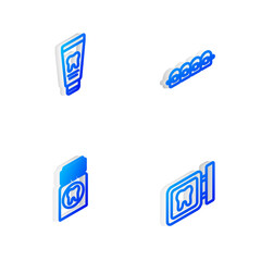 Set Isometric line Teeth with braces, Tube of toothpaste, Painkiller tablet and Dental clinic location icon. Vector