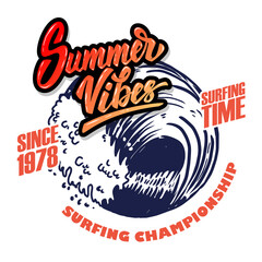 Summer Vibes. Emblem template with sea waves. Design element for poster, card, banner, sign, emblem. Vector illustration