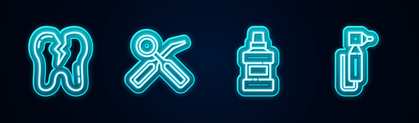 Set line Broken tooth, Dental inspection mirror, Mouthwash bottle and Tooth drill. Glowing neon icon. Vector
