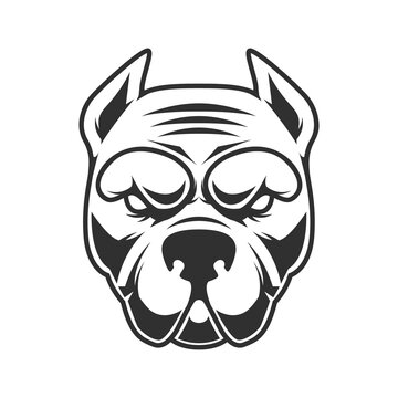 Illustration of funny pitbull terrier head. Design element for logo, label, sign, emblem. Vector illustration