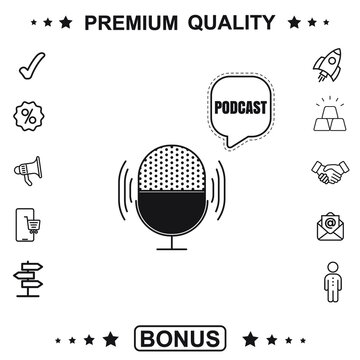 Podcast radio icon illustration. Studio table microphone with broadcast text podcast. Vector stock illustration. EPS 10