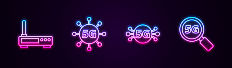 Set line Router and wi-fi signal, 5G network, and Search. Glowing neon icon. Vector
