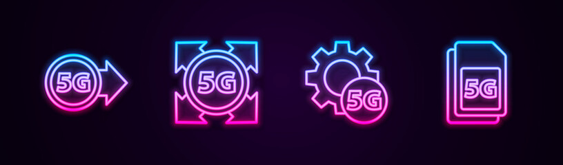 Set line 5G network, , Setting and Sim Card. Glowing neon icon. Vector