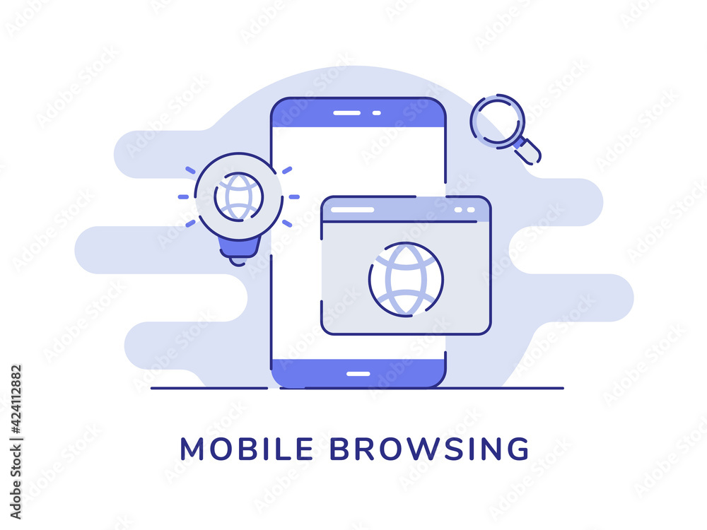 Poster mobile browsing concept globe on smartphone screen white isolated background with dashed line style