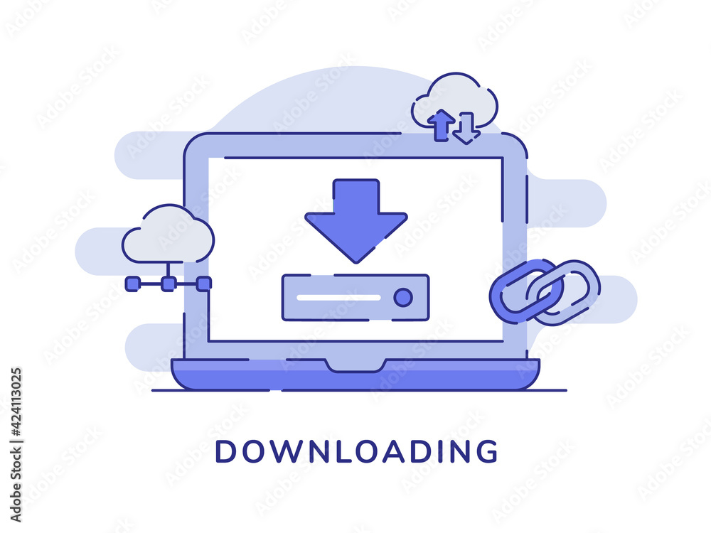 Poster downloading concept arrow down on laptop screen white isolated background with dashed line style