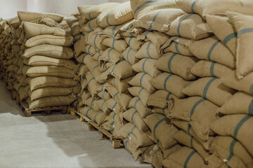 Bags of coffee beans background. Brazilian coffee in bags.