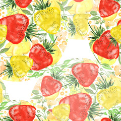 Watercolor strawberries. pattern of red,yellow strawberries watercolor. Seamless watercolor background, with a vintage pattern of red berries.Ornamental red,yellow berry pattern