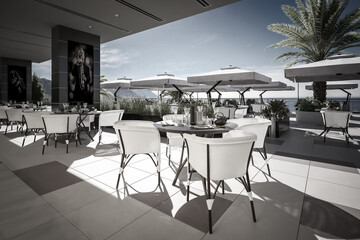 Fototapety  Outdoor Terrace Bar & Restaurant - black and white 3d visualization