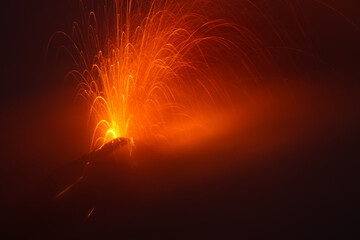 Volcano erupting, cloudy night, long exposure close up shot,  Volcan de Fuego, Antigua Guatamala