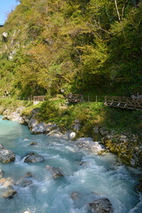 Fototapeta na wymiar The Tolminka River flowing through Tolmin Gorge in the Triglav National Park, north western Slovenia 