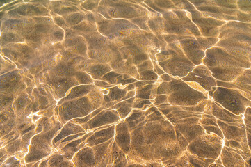Fototapeta na wymiar Marine background At the bottom of the sea. View through the water and glare on the sand