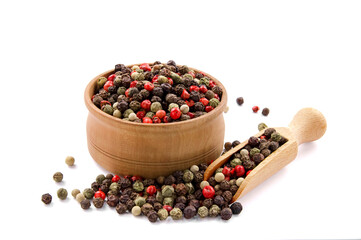 Pepper mix. Black, red, green, white and all spice peppercorns isolated on white background.
