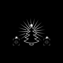 Fototapeta na wymiar Christmas tree and gift box icon isolated on dark background
