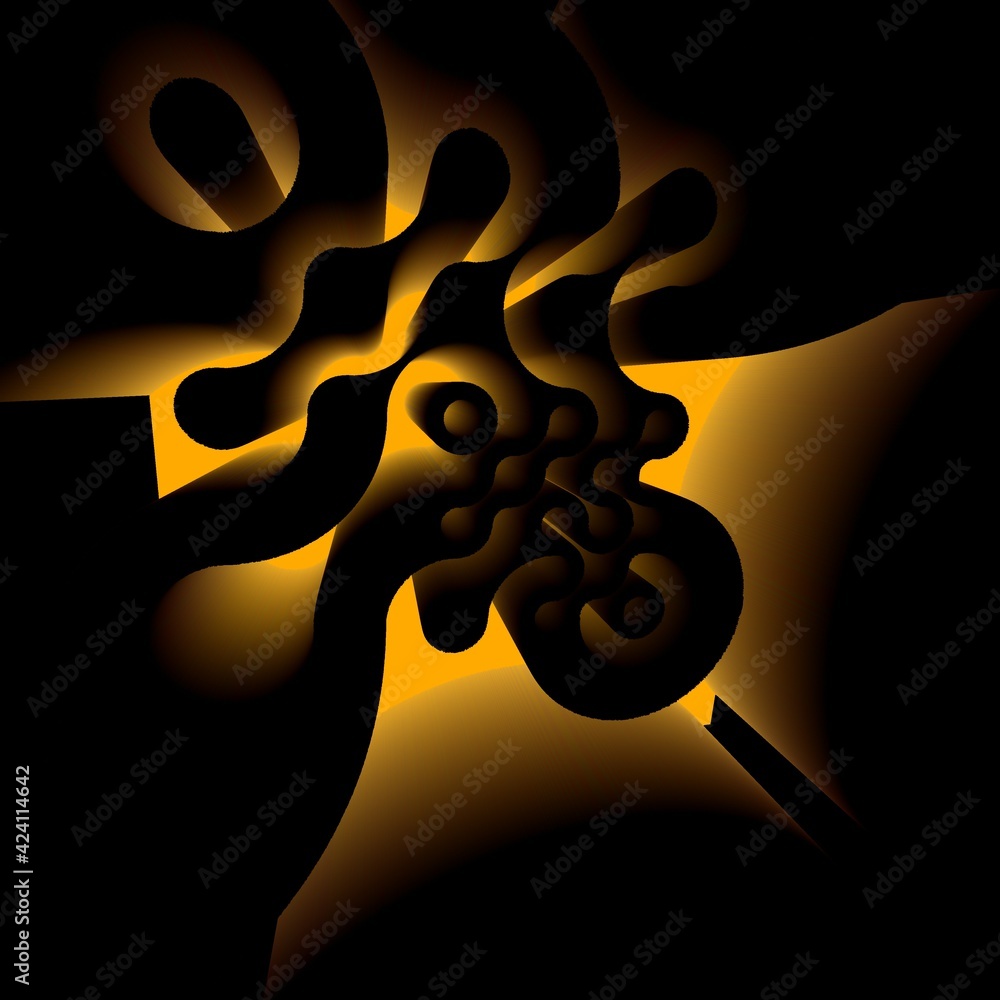 Poster abstract curved connection shapes patterns and 3d design in bright orange on a black background