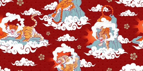 Seamless Art Japanese Repeat Pattern of Ferocious Tiger Three Poses on Mountain, Sun and Radiant with Cloud and Floating Gold Sakura Flower Icon on Wave Repeat Pattern Red Background Vector Design