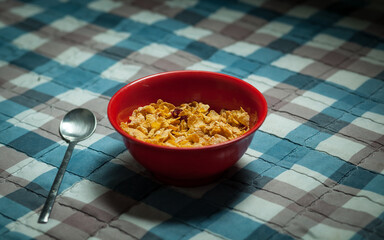 on a blue background a deep red bowl in the morning daylight