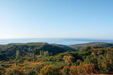 The landscape of mountains and sea on autumn day
