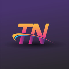 initial letter TN logotype company name colored blue, yellow and magenta swoosh design. vector logo for business and company identity.