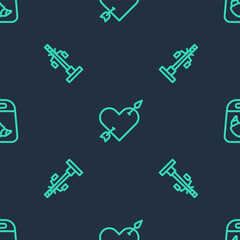 Set line Amour with heart and arrow, Street light and Croissant package on seamless pattern. Vector