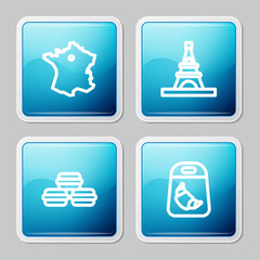 Set line Map of France, Eiffel tower, Macaron cookie and Croissant package icon. Vector