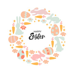 Hand lettering Happy Easter card. Vintage wreath with bunnies, flowers, eggs. Trendy pastel colors