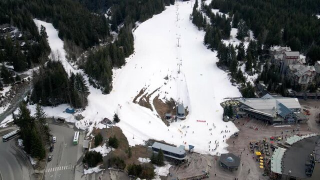 Whistler Village BC March 29th 2021: Drone footage of skiiers finishng their last runs of the season as news of BC mandate to close Whistler Blackcomb early circulates due to high Covid infection rate
