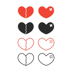 health and broken heart set, crack fixed with bandage. Breakup symbol. Simple flat vector style and line style