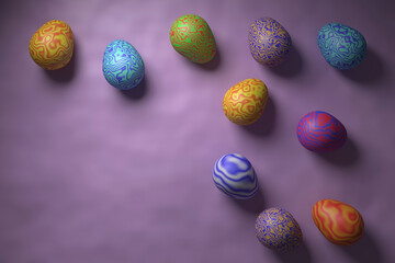 Happy easter. Multicolored Easter eggs with a wavy pattern. 3D rendering. Eggs on a slightly dented colored canvas. Free space for an inscription.