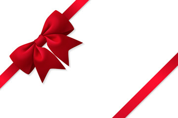 Red ribbon. Realistic bow. Gift decoration. Shiny satin with shadow for decorate your wedding invitation card or greeting card isolated on white background.
