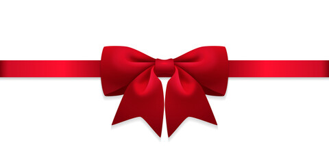 Red ribbon. Realistic bow. Gift decoration. Shiny satin with shadow for decorate your wedding invitation card or greeting card isolated on white background.
