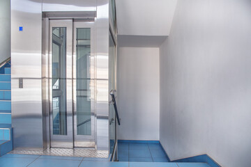 Metal cabin of an electric elevator.