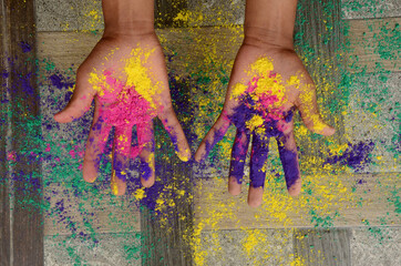 colorful hands with color concept mental health awareness on the green, yellow, brown background.