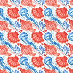 Watercolored seashells and starfishes seamless pattern. Illustration of shells and sea stars for  for creating fabrics, textile, decoupage, wallpapers, print, gift wrapping paper, invitations.