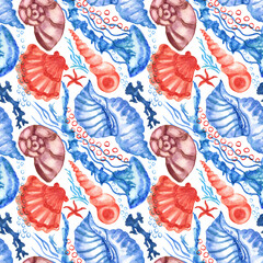 Watercolored seashells and starfishes seamless pattern. Illustration of shells and sea stars for  for creating fabrics, textile, decoupage, wallpapers, print, gift wrapping paper, invitations.