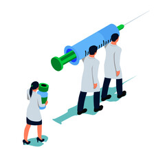 Doctors are carrying a syringe and vaccine. Doctors are ready to fight viruses with a vaccine, isometric view.