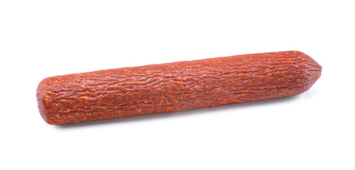 Stick of raw smoked sausage close-up. Isolated on a white background.