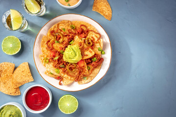 Nachos, overhead flat lay shot with copy space