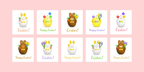 Happy Easter greeting card set. Figures of rabbits, chickens, bunnies from eggs with bouquets of crocus flowers, lollipops and carrots on white background with celebratory inscription