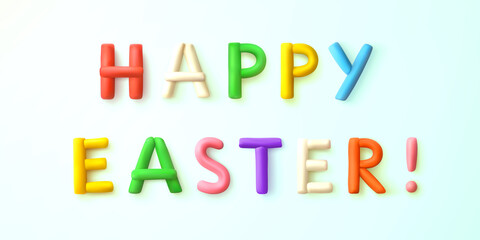 Happy easter. Congratulatory inscription of colorful letters from plasticine isolated on light blue background with soft shadow. Easter decoration. Design element