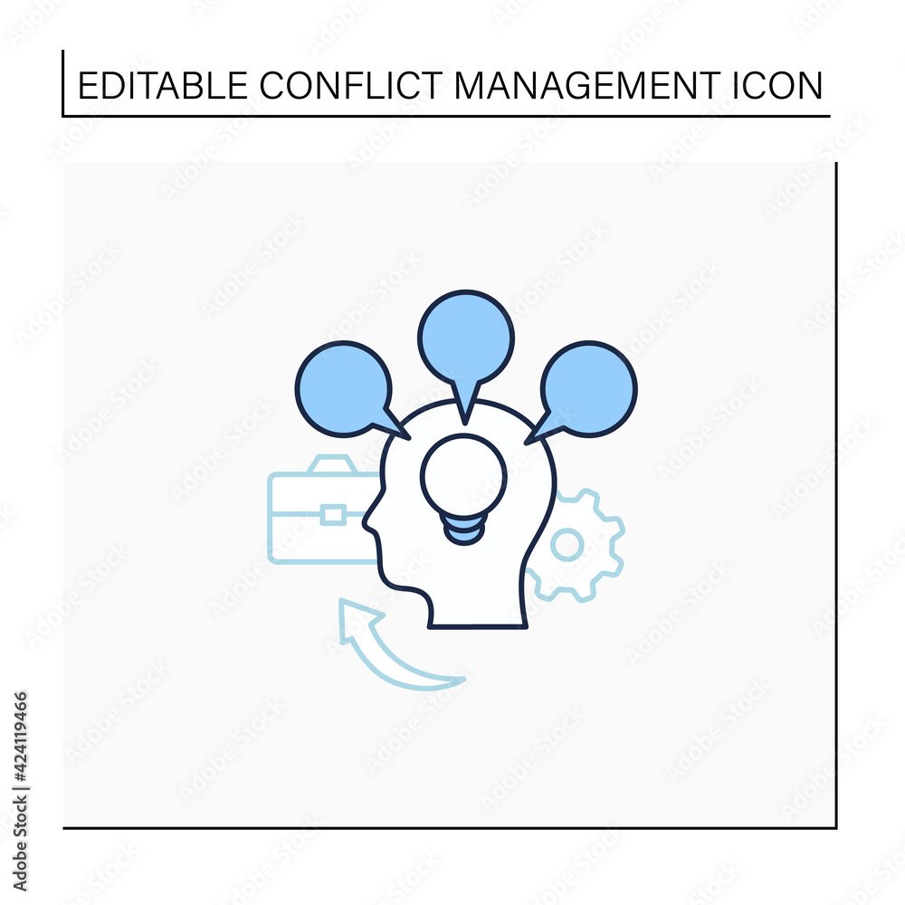 Poster accommodating line icon.focuses on preserving relationships. great idea. overthinking. conflict mana