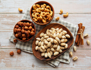 Bowls with various  nuts on a table