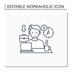 Workaholic line icon.First arrive at work. Enjoy job. Be on time. Man at laptop. Hard working.Overworking concept.Isolated vector illustration.Editable stroke