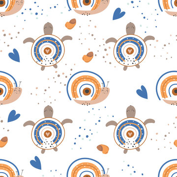 Marine baby seamless pattern - cute snails and turtles. Kids textile pattern.